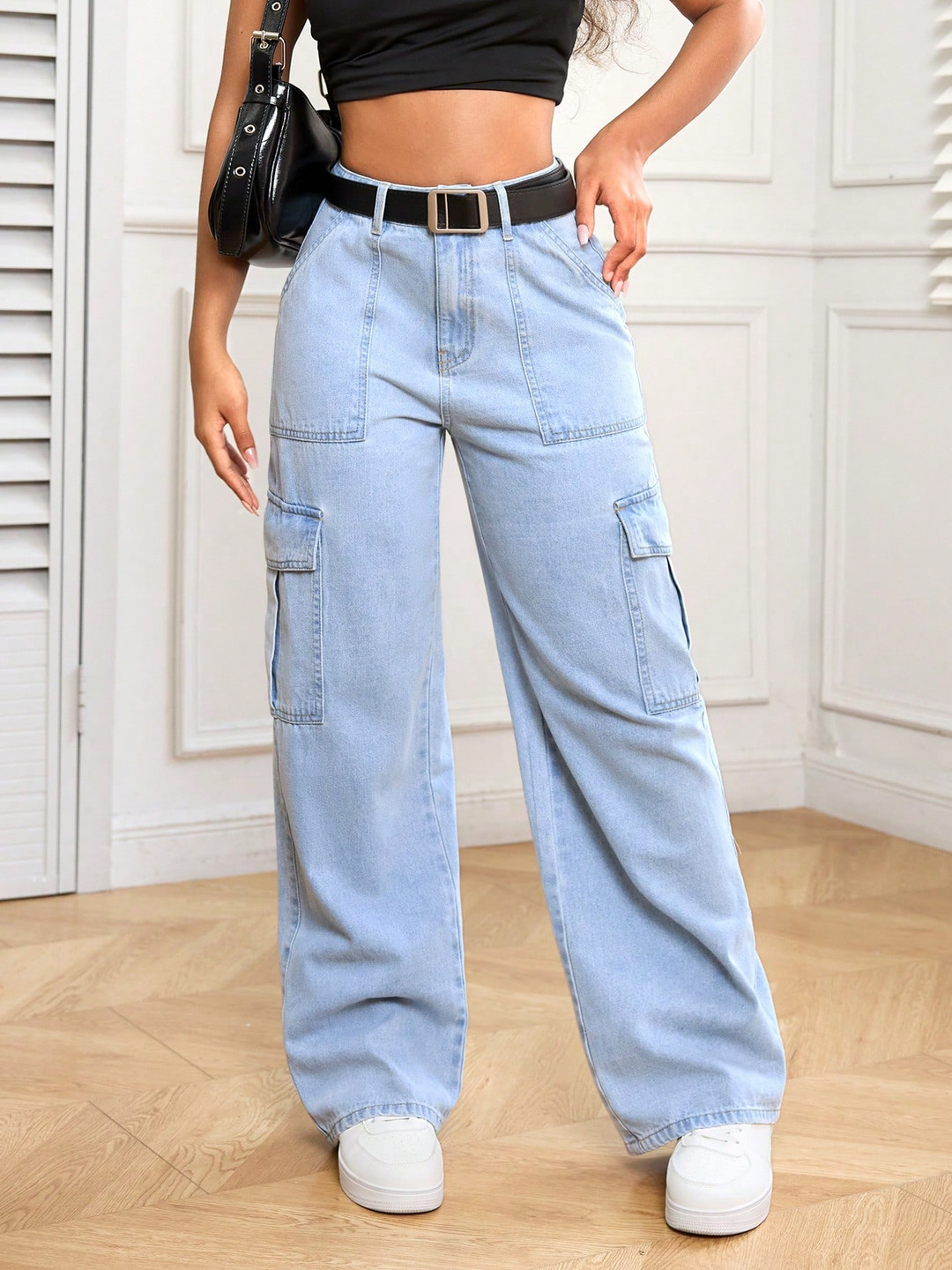 

NU CLOTHS Women Jean Wide Leg High-Rise Heavy Fade Stretchable Jeans, Blue