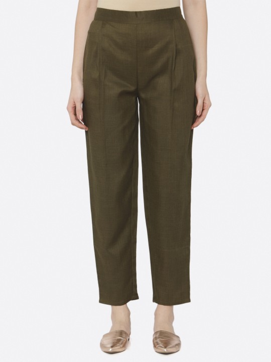 

shiloh Women Textured Smart Pleated Trousers, Olive