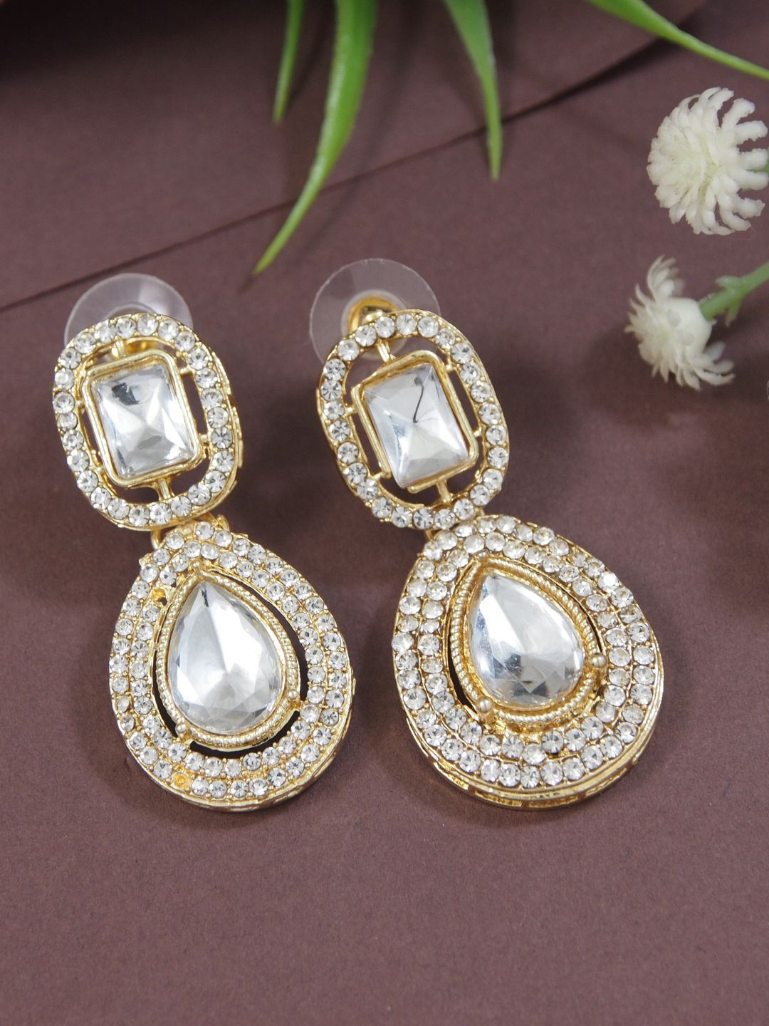 

I Jewels Gold-Plated Artificial Stones Studded Teardrop Shaped Drop Earrings