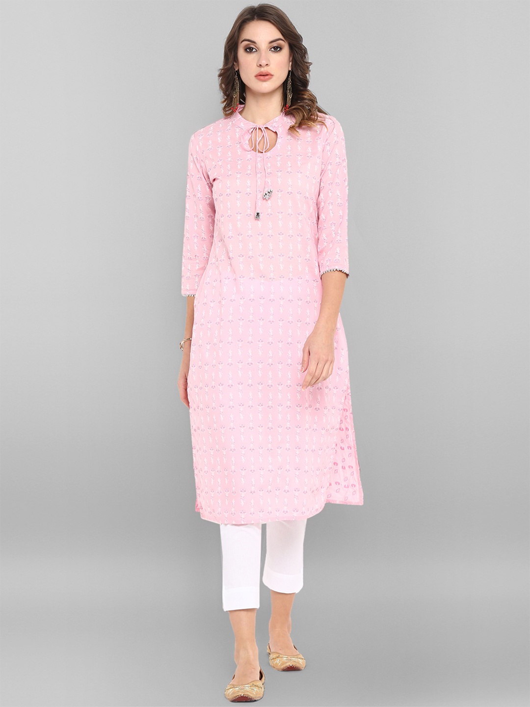 

KALINI Floral Printed Keyhole Neck Pure Cotton Straight Kurta, Pink