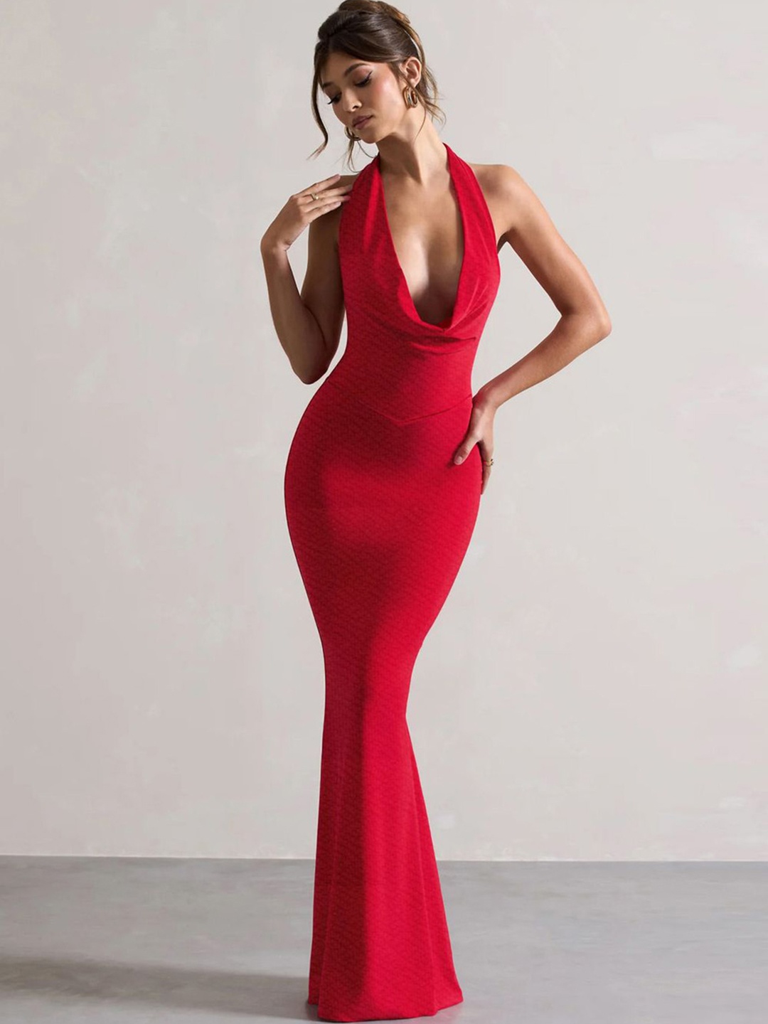 

CLAFOUTIS Cowl Neck Crepe Bodycon Maxi Dress, Red