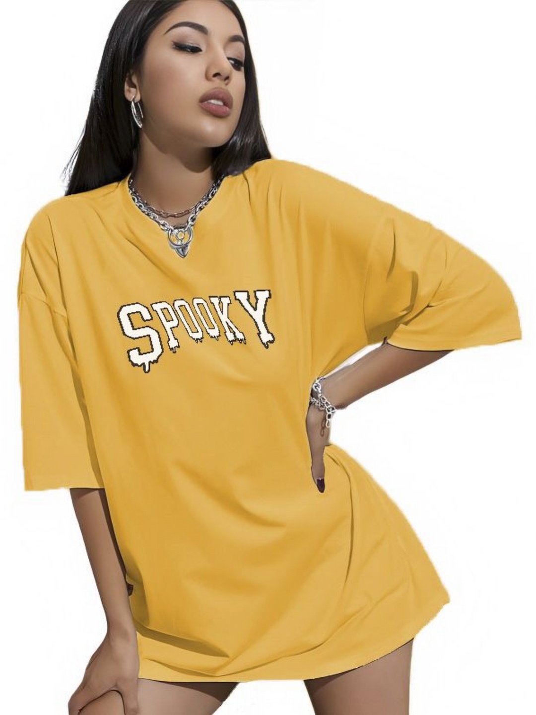 

SZN Women Printed Drop-Shoulder Sleeves Applique T-shirt, Yellow
