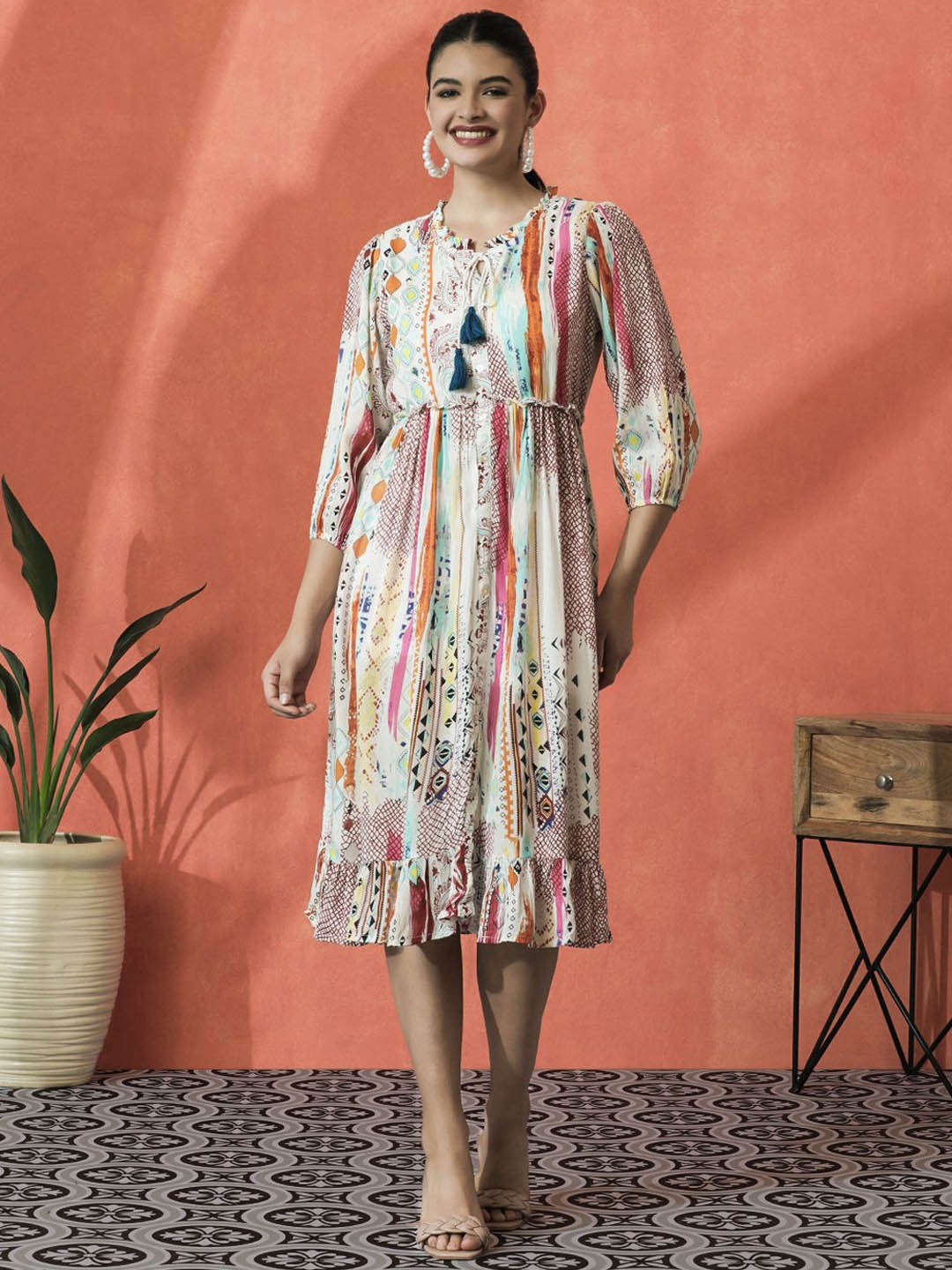 

Sangria Printed A-Line Ethnic Dress, White