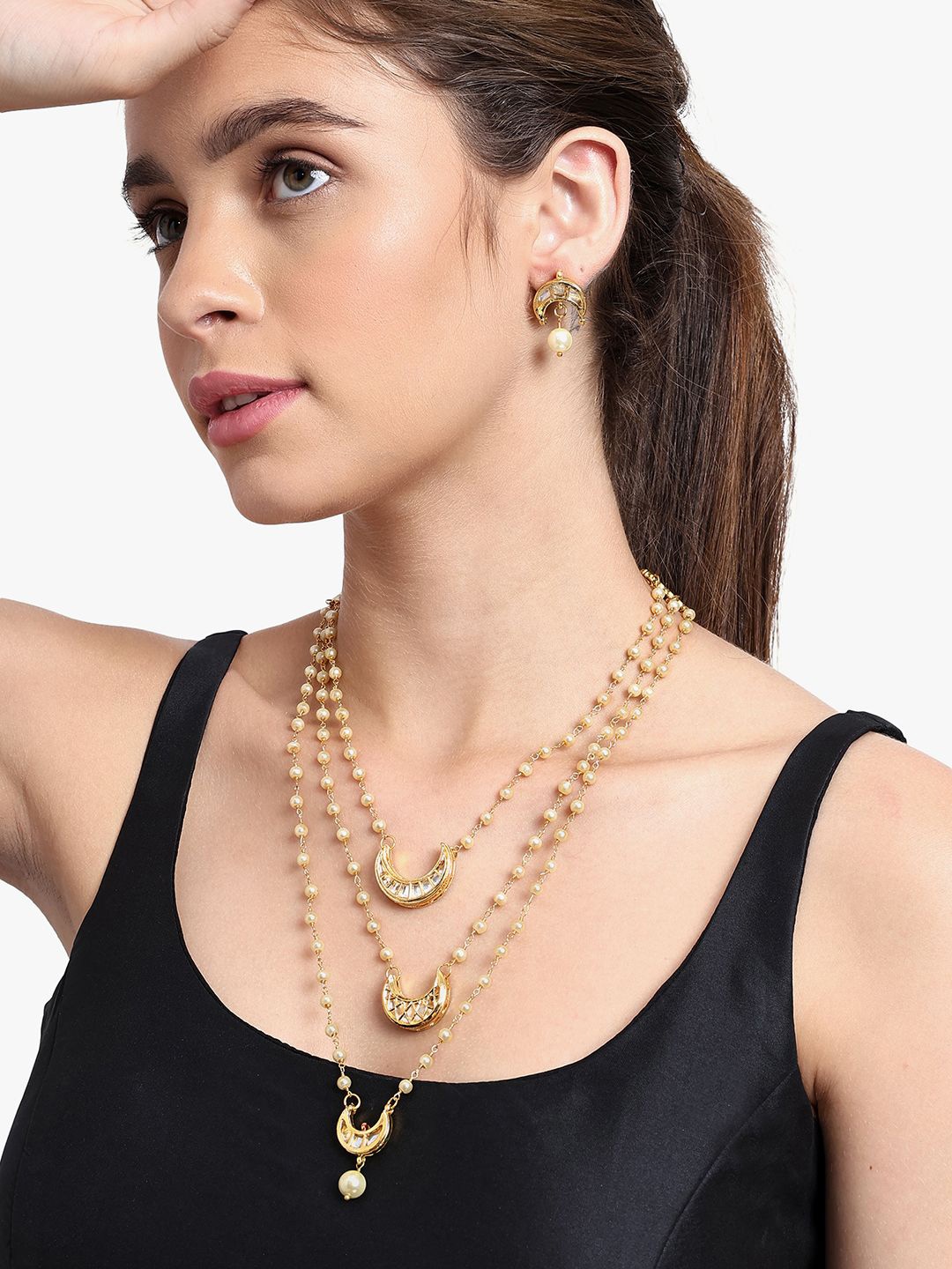 

AARSEE OFFICIAL Gold-Plated Kundan Studded Crescent Shaped Drop Earrings