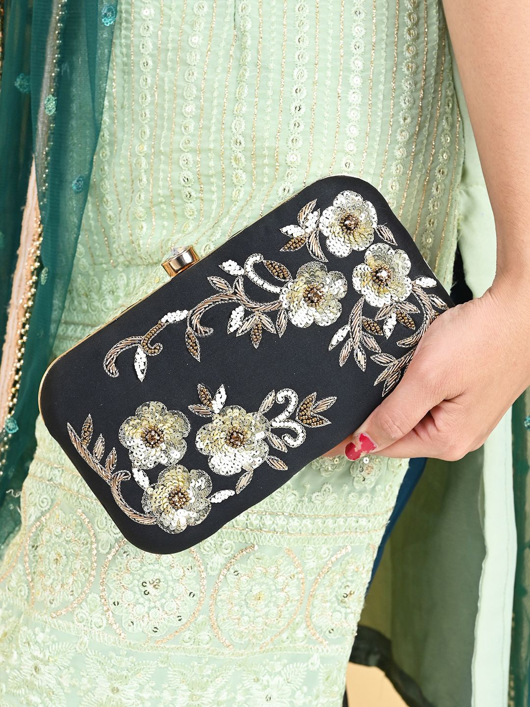 

Anouk Embroidered Embellished Shoulder Strap Box Clutch, Black