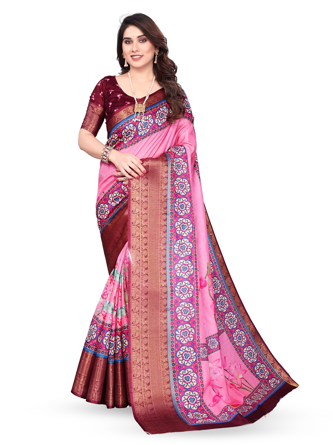 

MAGNEITTA Kalamkari Silk Blend Designer Saree, Pink