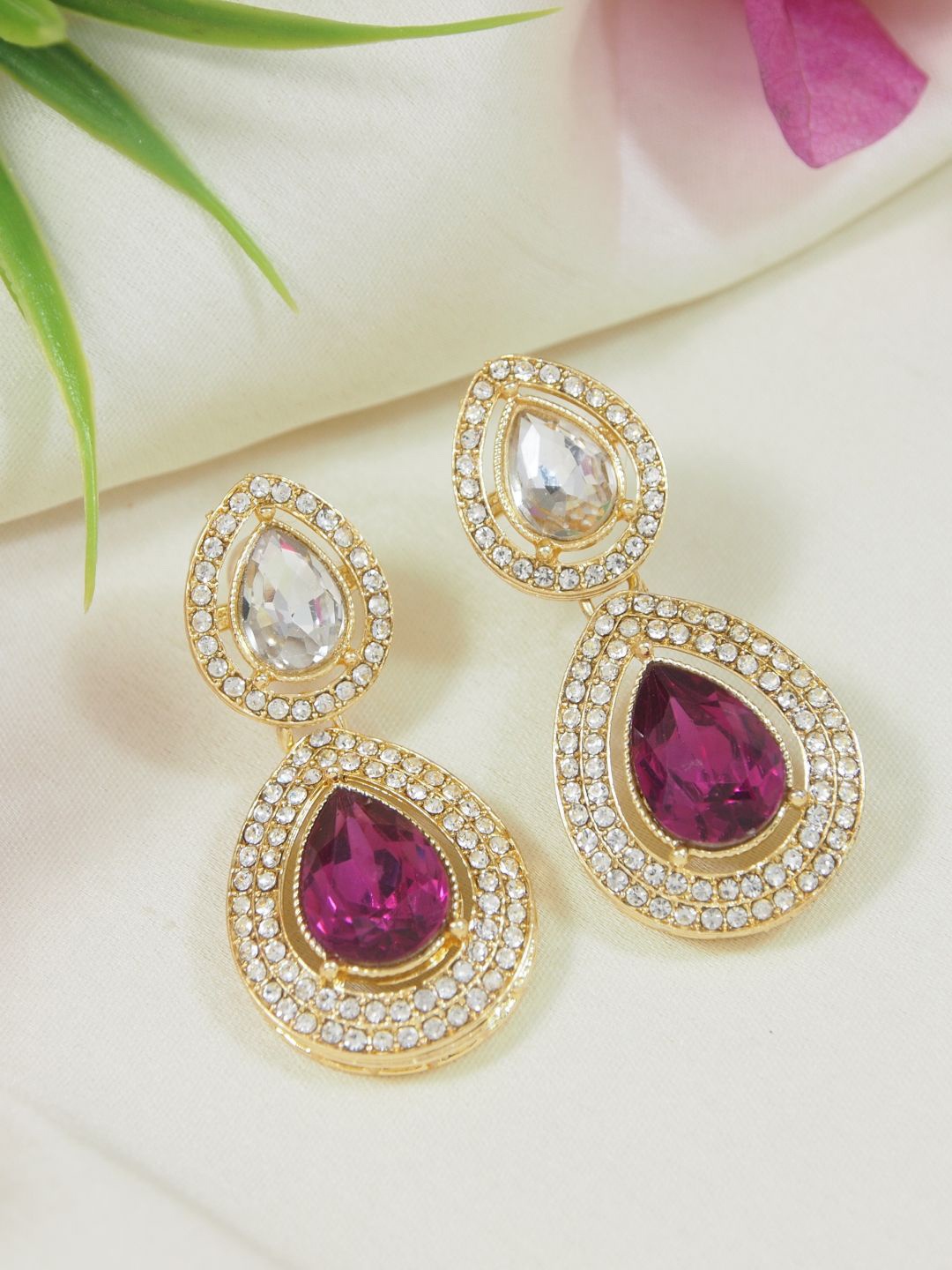 

I Jewels Gold-Plated Artificial Stones Studded Teardrop Shaped Drop Earrings