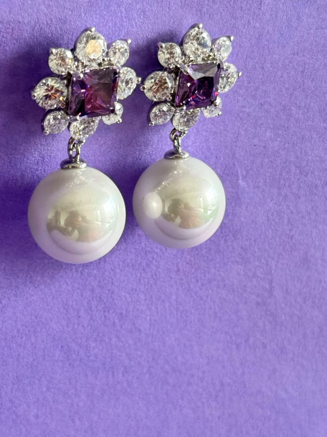 

The Jewellery Tale Silver-Plated Faux Amethyst Studded Floral Shaped Drop Earrings, Purple