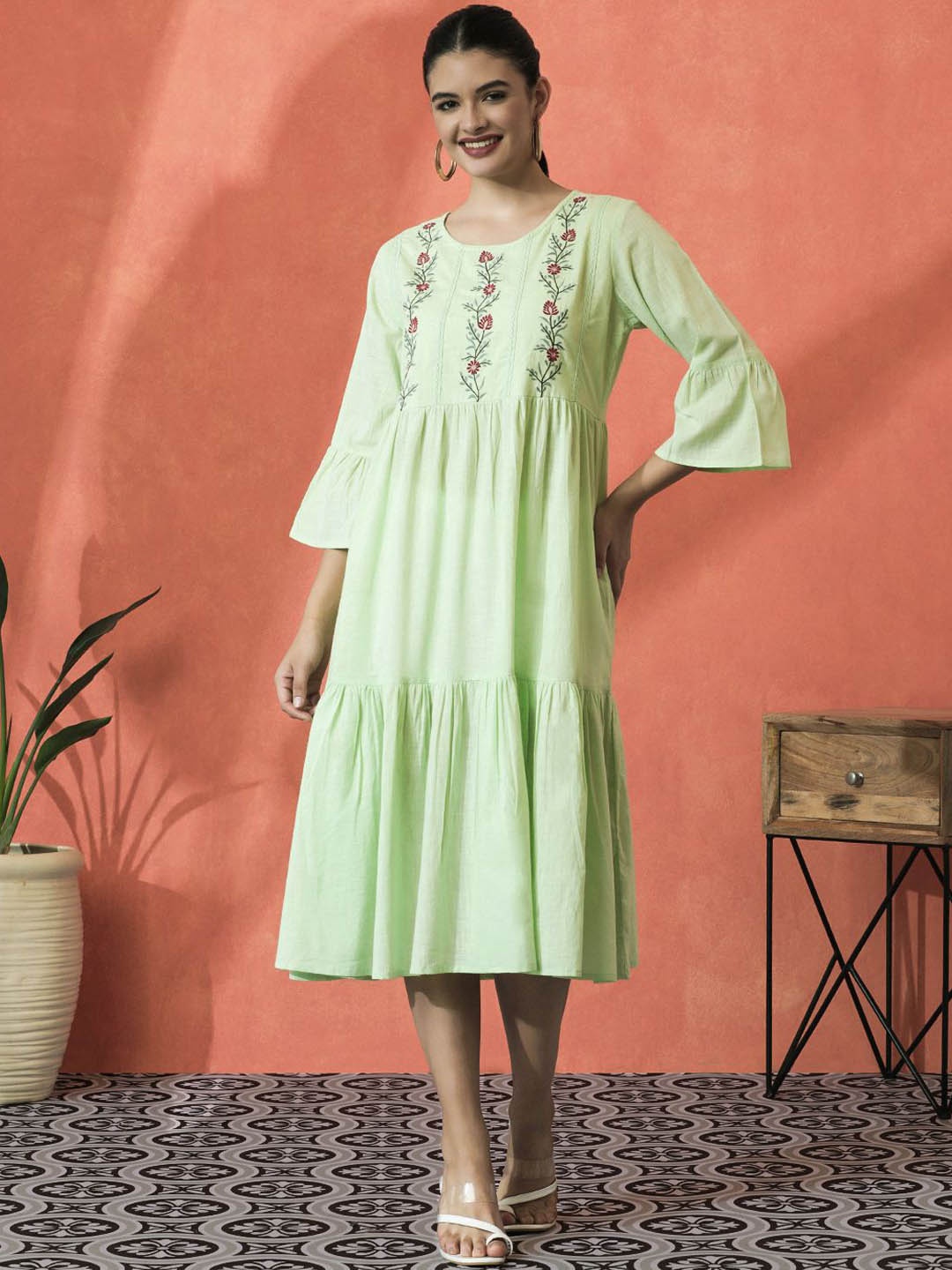 

Sangria Floral Embroidered Pure Cotton A-Line Ethnic Dress, Lime green