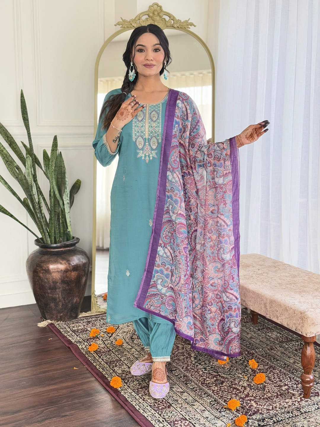 

KALINI Women Floral Embroidered Regular Chanderi Silk Kurta with Trousers & With Dupatta, Blue