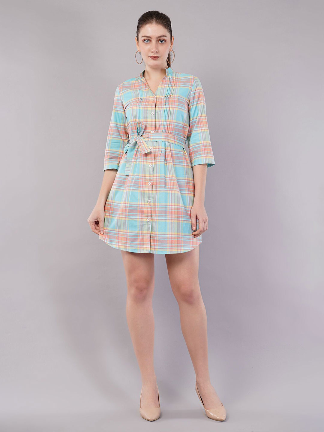 

FLY STITCH Checked A-Line Mini Dress, Orange