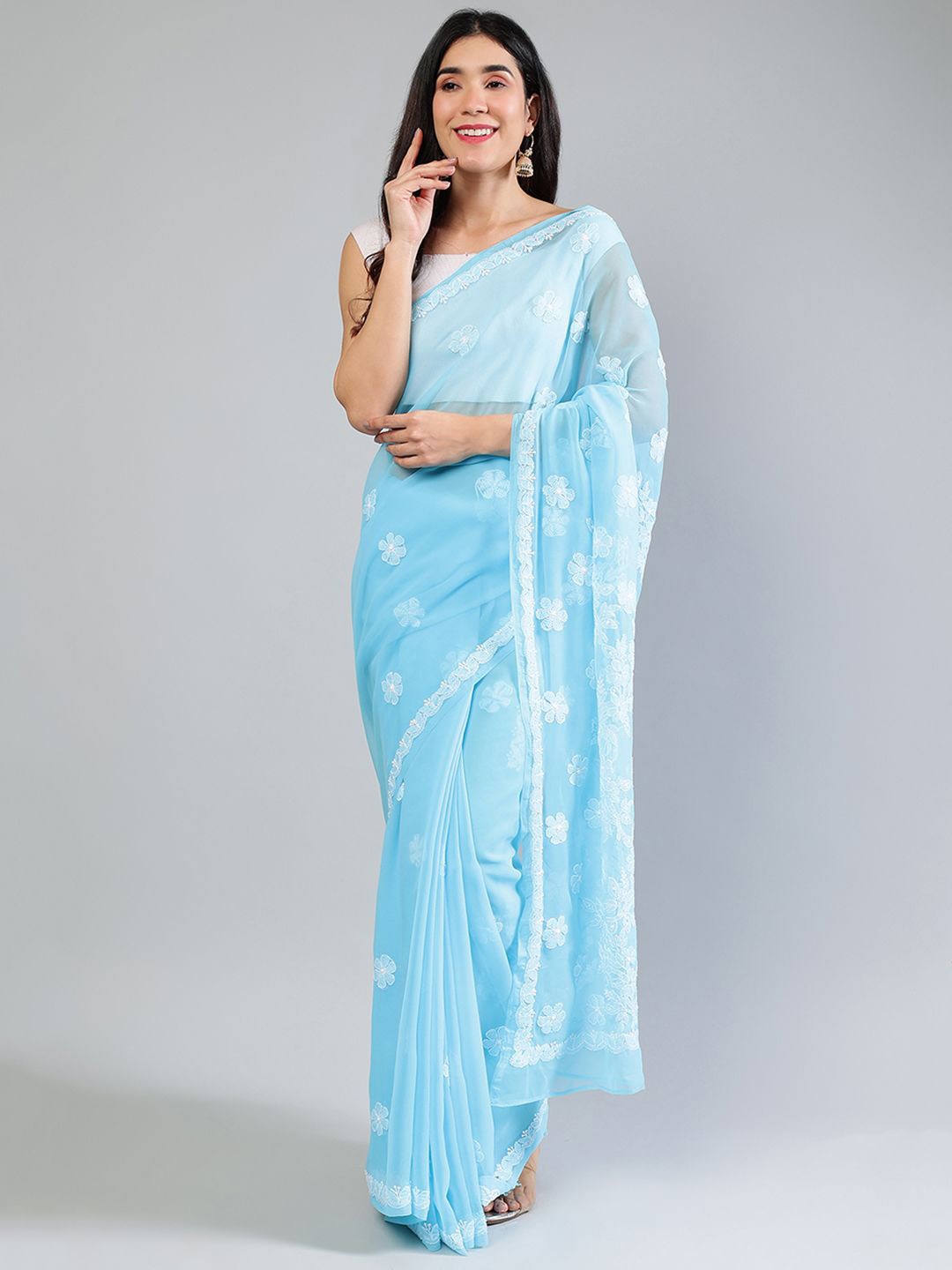 

Seva Chikan Ethnic Motifs Embroidered Poly Georgette Saree, Blue