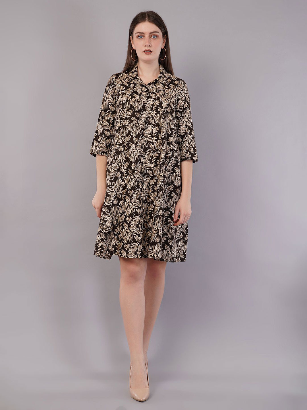 

FLY STITCH Tropical Print Fit & Flare Mini Dress, Brown