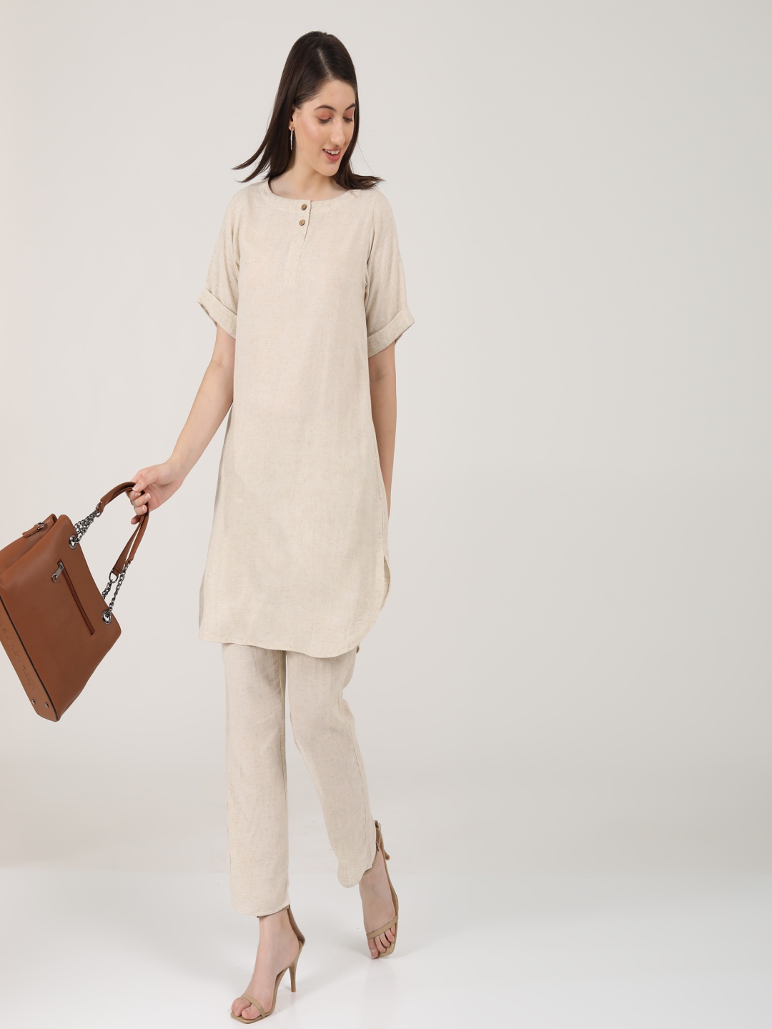 

Saltpetre Knee Length Linen Tunic And Narrow Leg Pants Set, Beige