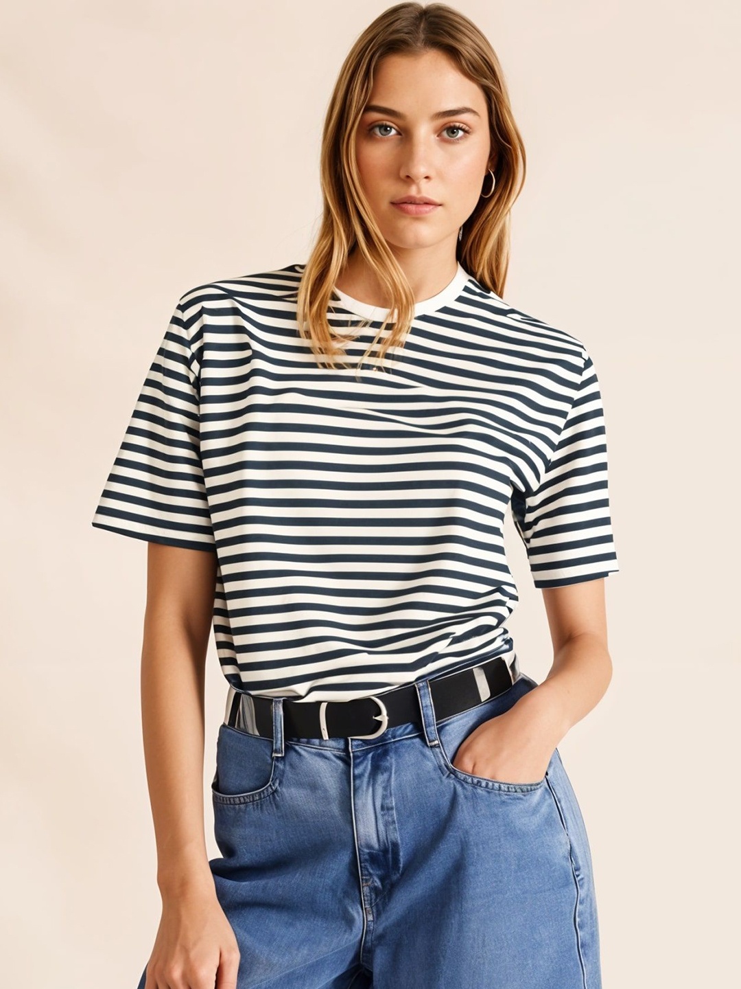 

DressBerry Women Striped Drop-Shoulder Sleeves Cut Outs T-shirt, Blue