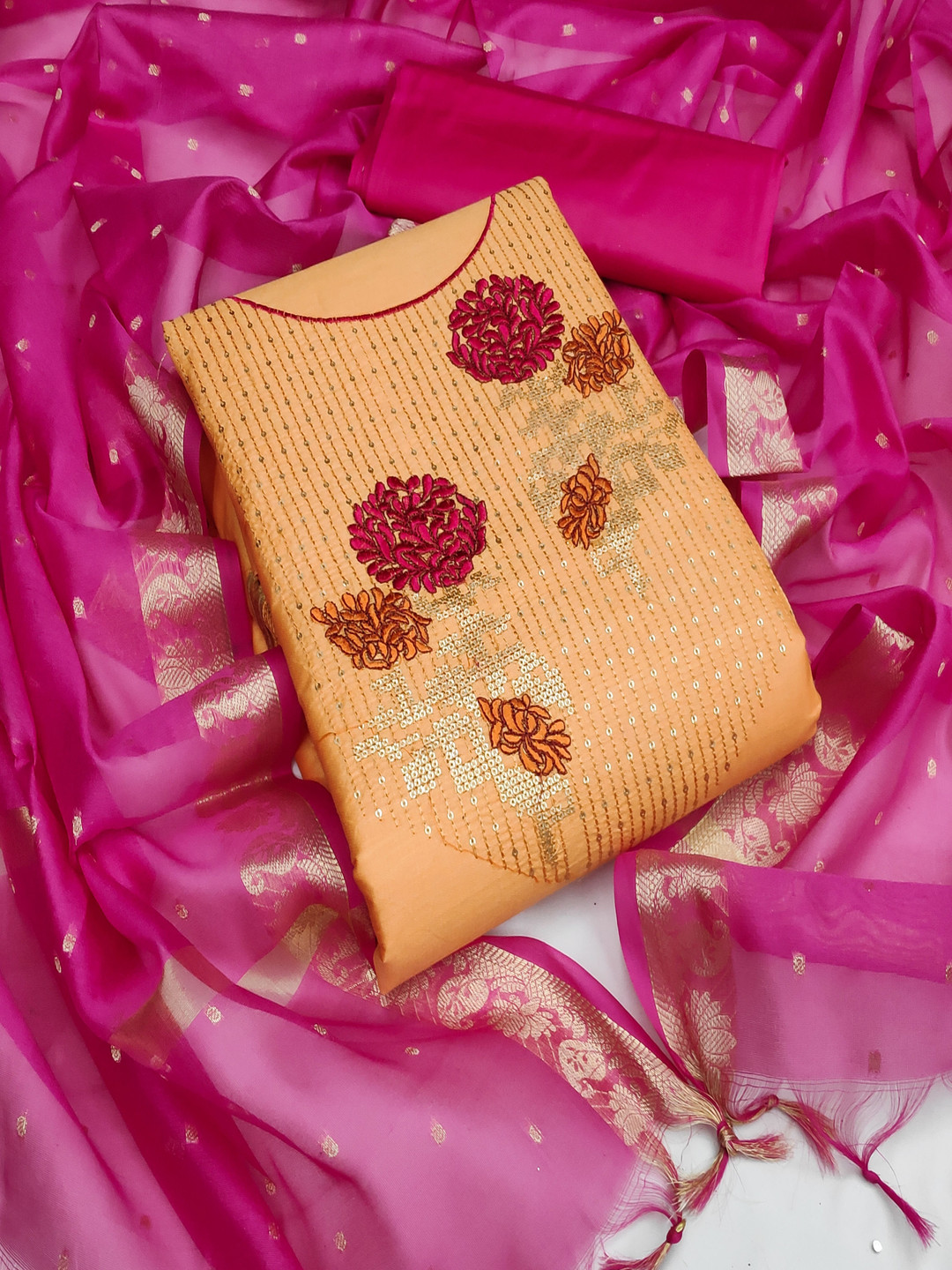 

HERE&NOW Floral Embroidered Thread Work Unstitched Dress Material, Yellow