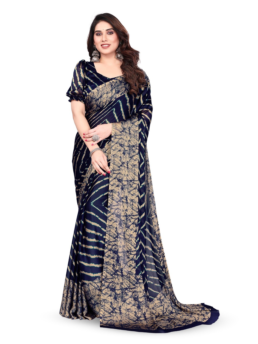 

MAGNEITTA Floral Pure Chiffon Saree, Navy blue