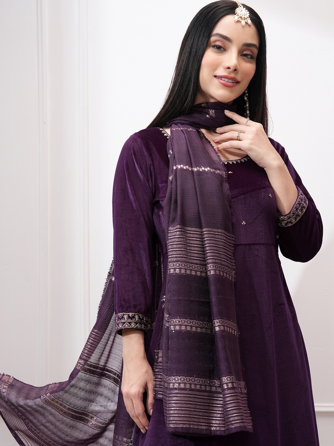 

Vishudh Women Ethnic Motifs Embroidered Regular Kurta with Trousers & With Dupatta, Purple