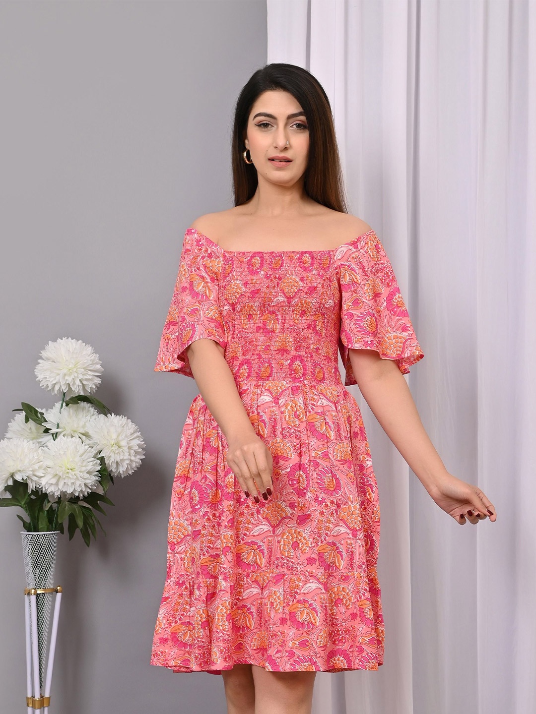 

IQRAAR Print Flared Sleeve Fit & Flare Dress, Multi