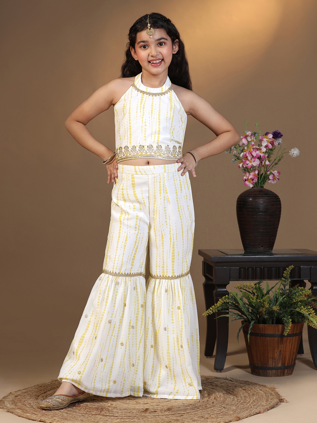 

BAESD Girls Striped Halter Neck Top With Sharara, White