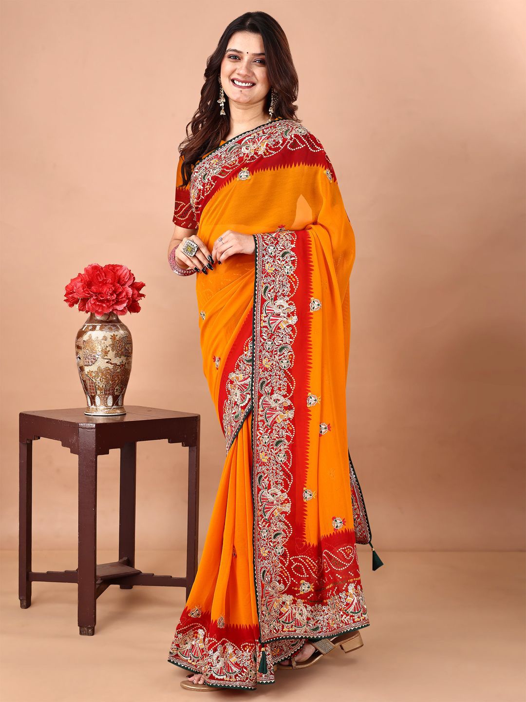

DIVASTRI Bandhani Embroidered Poly Georgette Designer Bandhani Saree, Orange