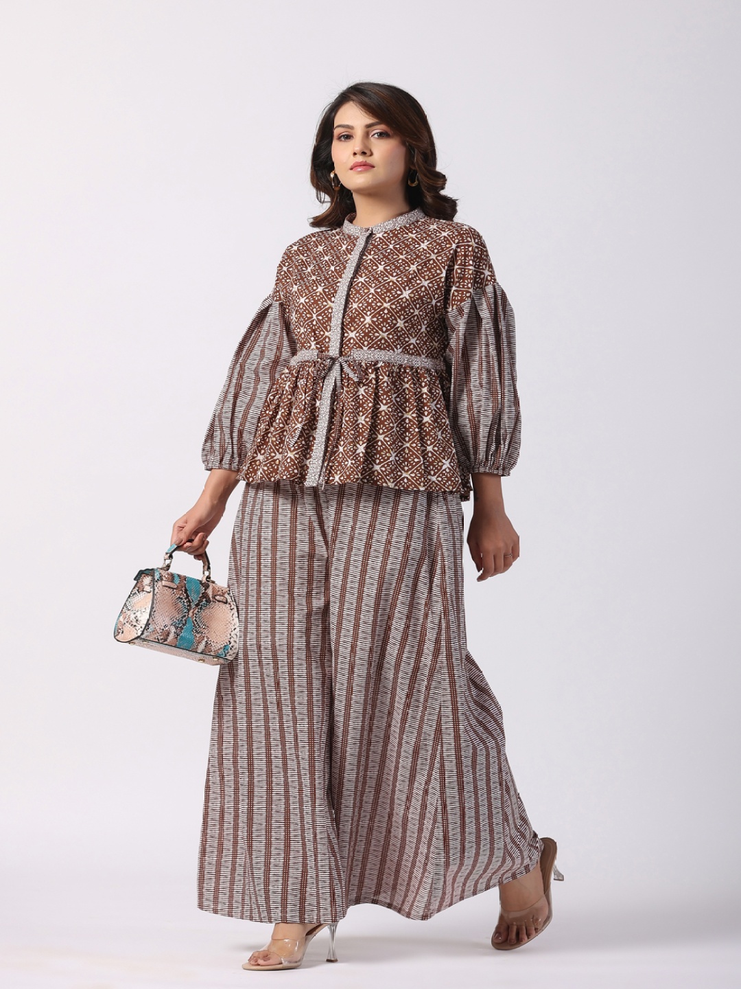 

STIL O STITCH Printed Round Neck Tunic With Palazzos, Coffee brown