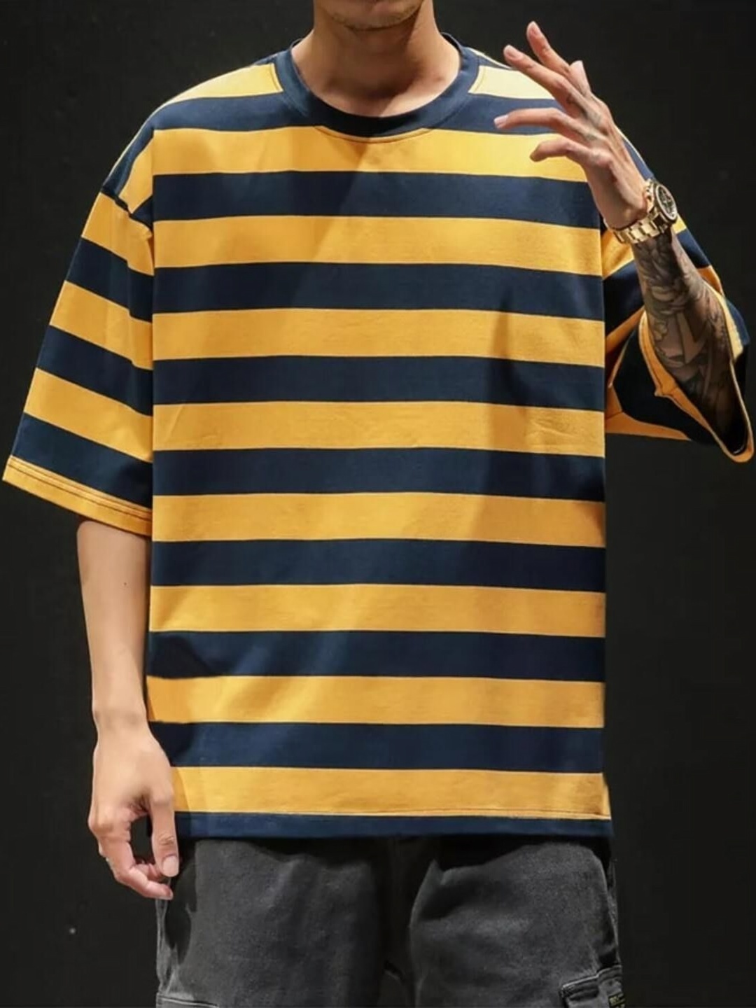 

LAUREN ADAMS Men Striped Henley Neck Extended Sleeves Pockets T-shirt, Yellow
