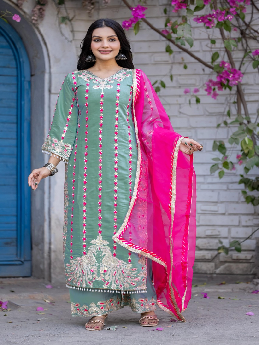 

KALINI Women Ethnic Motifs Embroidered Regular Sequinned Kurta with Palazzos & With Dupatta, Green