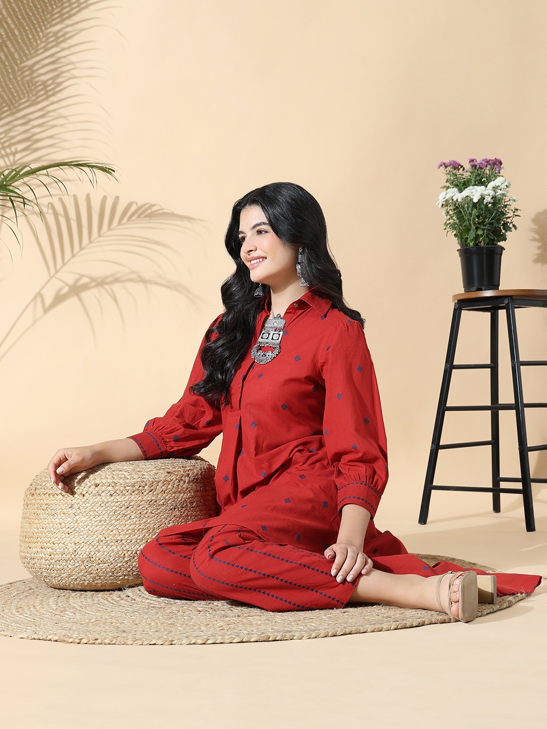 

SHOWOFF Women Embroidered Regular Kurta with Trousers, Red