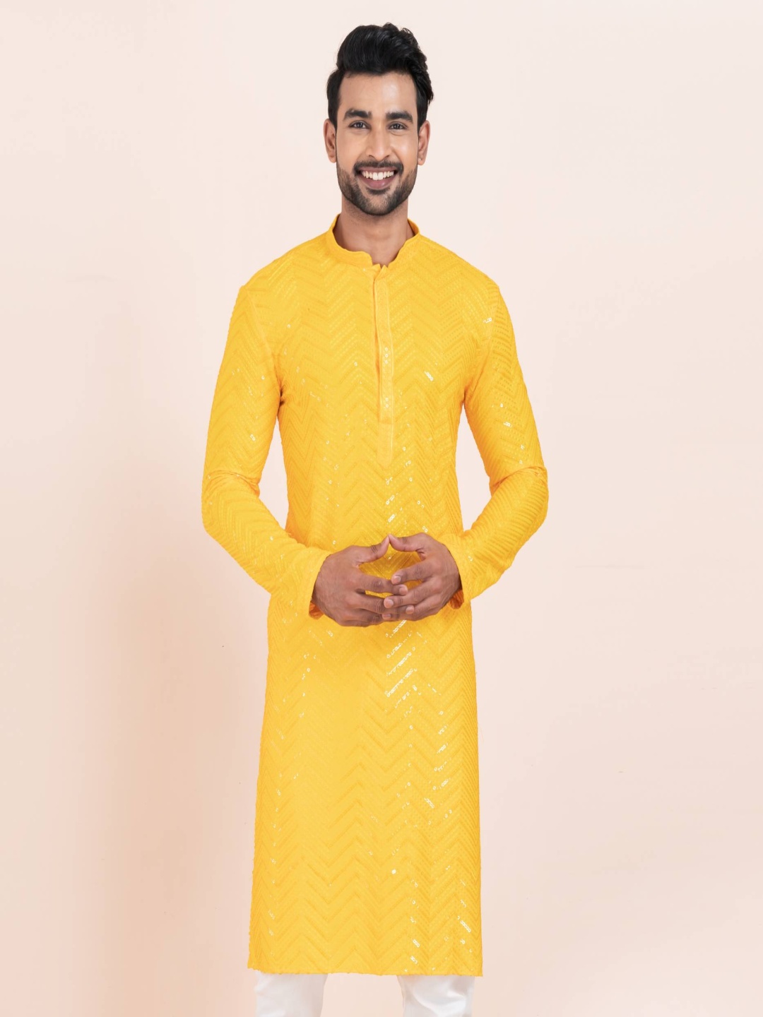 

ROOTED LIBAAS Sequinnce Embellished Mandarin Collar Kurta, Yellow