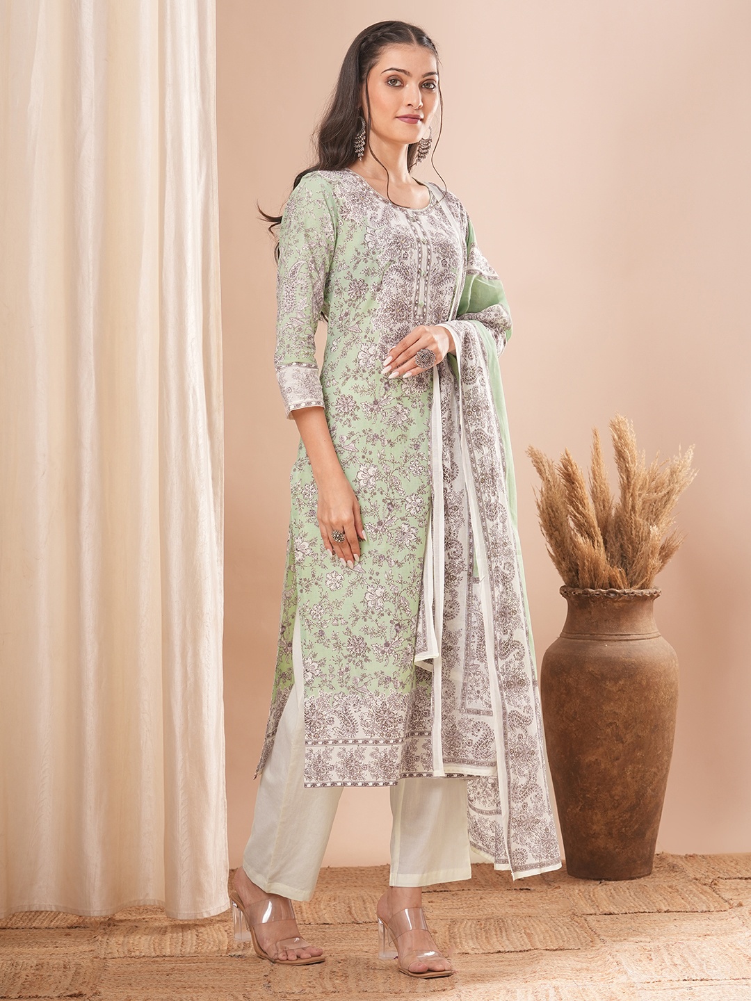 

FASHOR Women Ethnic Motifs Printed Regular Pure Cotton Kurta with Trousers & With Dupatta, Green