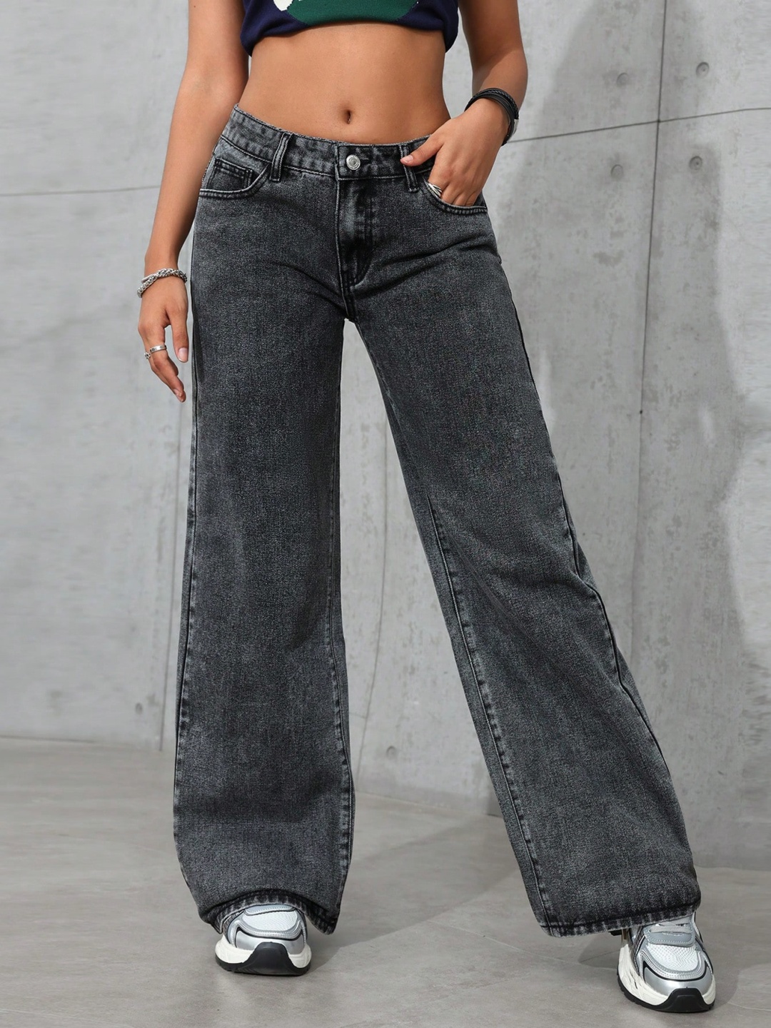 

NU CLOTHS Women Jean Wide Leg High-Rise Stretchable Jeans, Grey