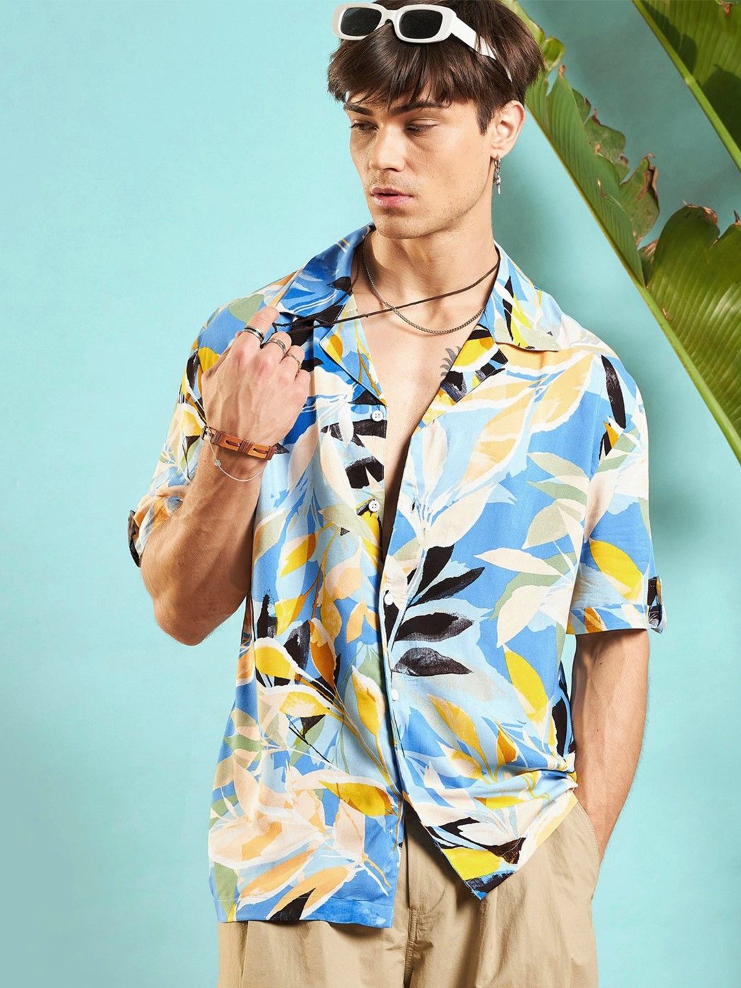 

MASCLN SASSAFRAS Unisex Relaxed Floral Opaque Printed Casual Shirt, Blue