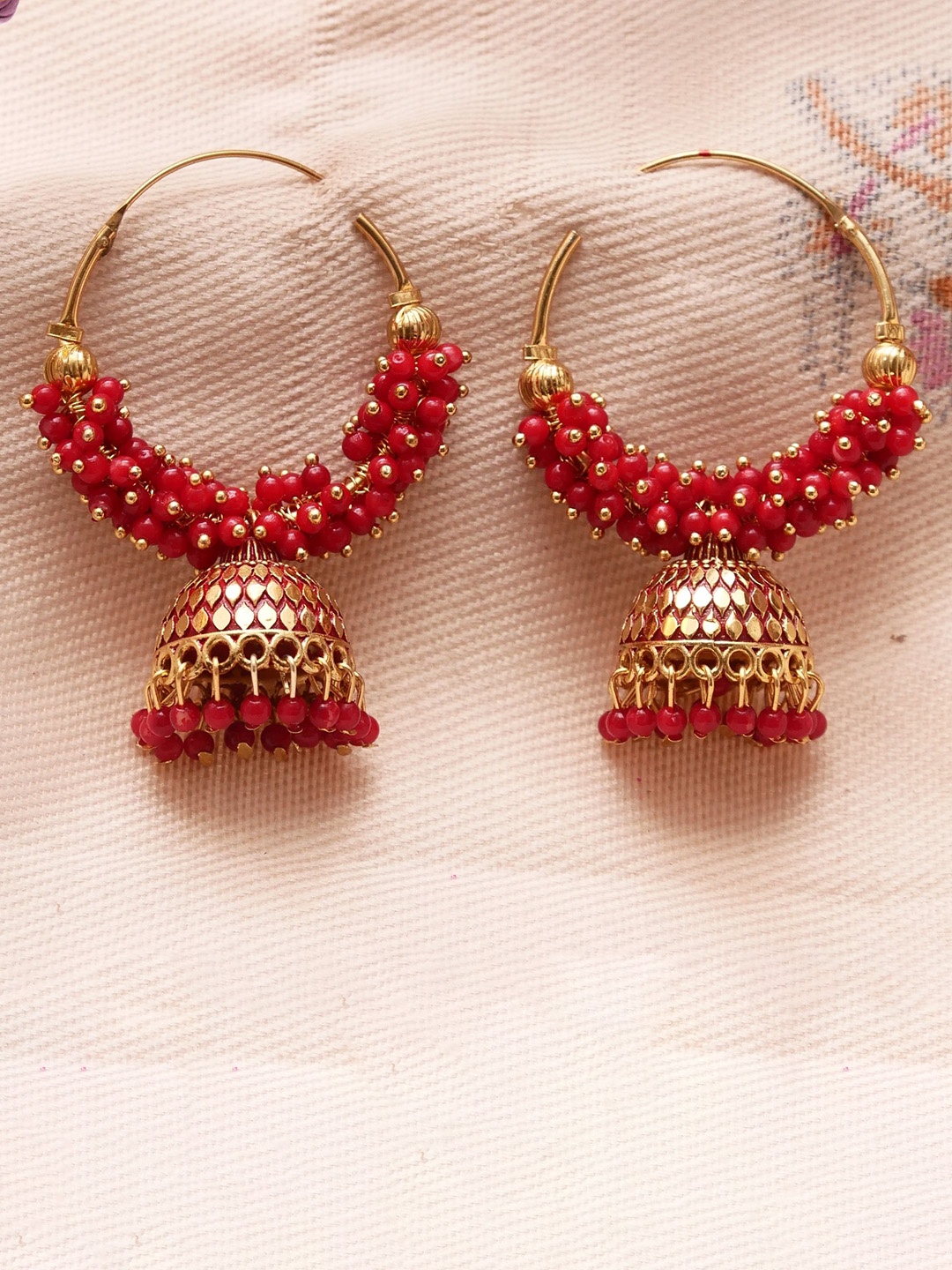 

Anouk Gold-Plated Beaded Dome Shaped Jhumkas, Red