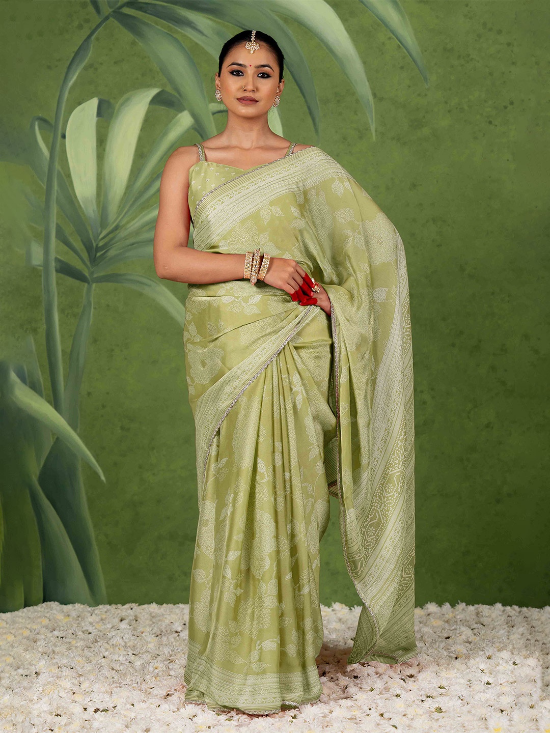 

MIRCHI FASHION Floral Poly Chiffon Ready to Wear Saree, Olive