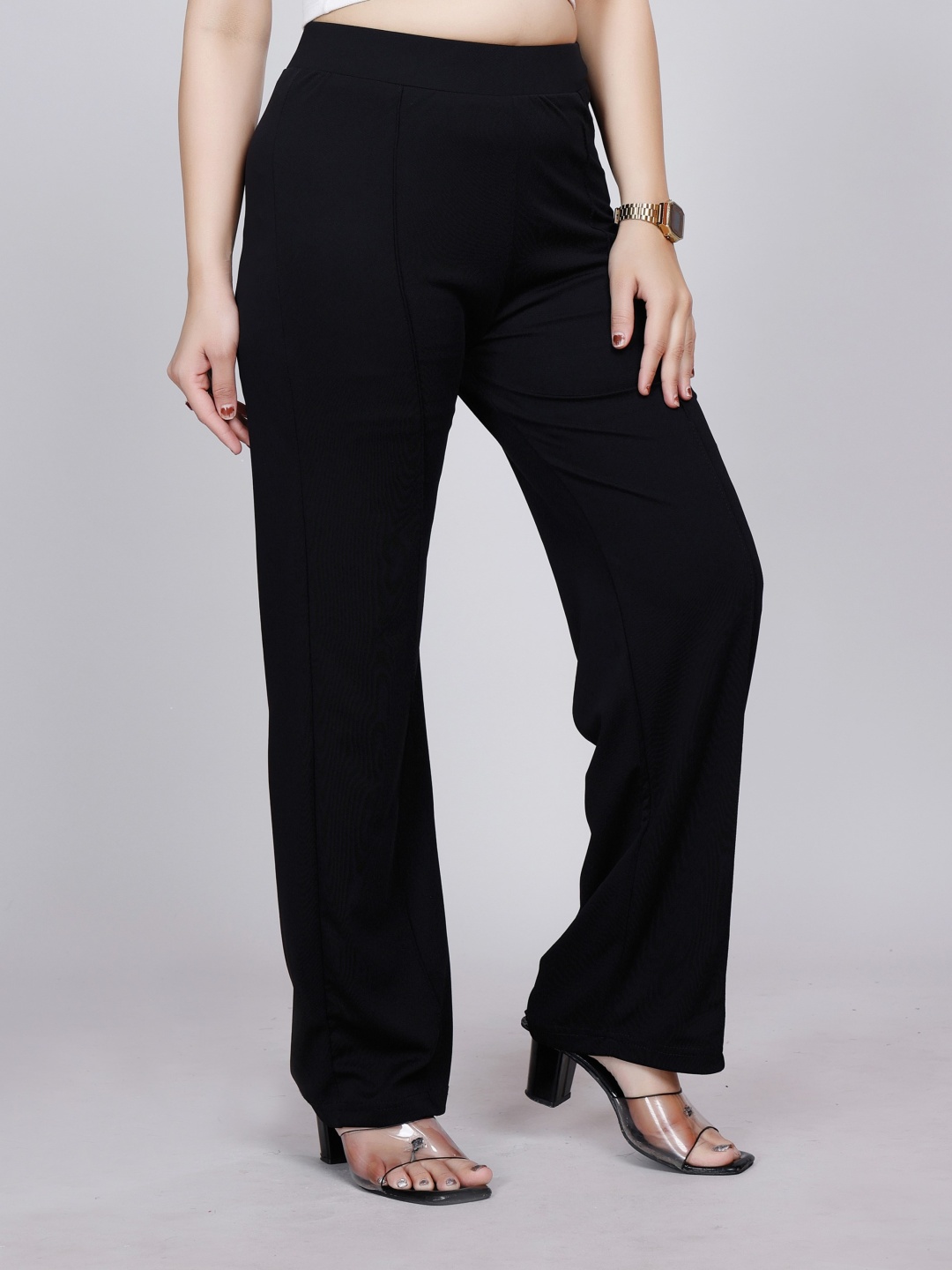 

NUCOUTHS Women Relaxed Straight Leg Straight Fit High-Rise Trousers, Black