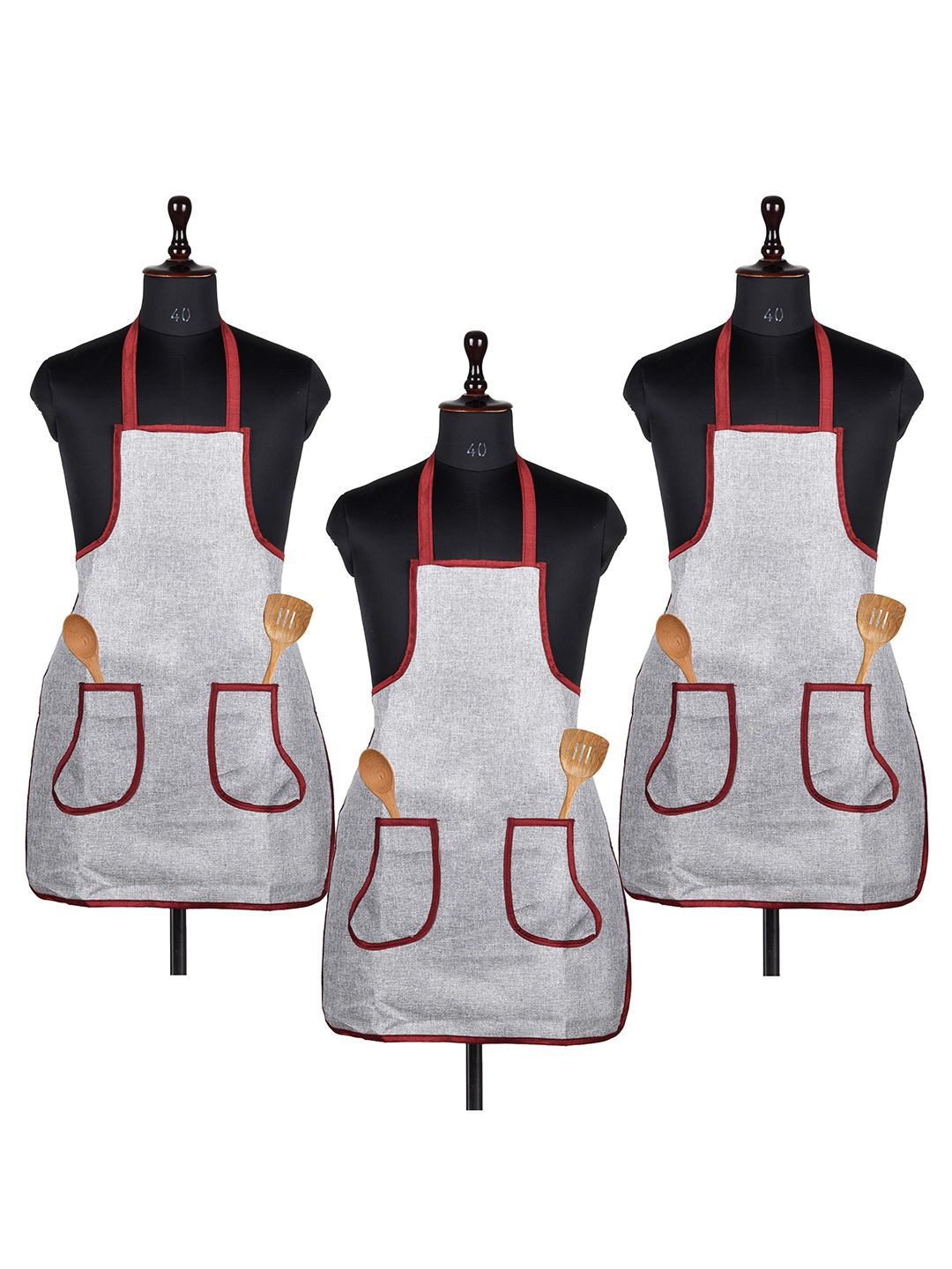 

Kuber Industries Silver-Toned and Maroon 3 Pieces Jute 2 Front Pocket Kitchen Aprons