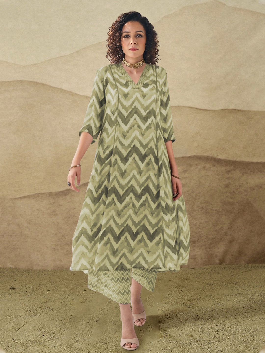

KALINI Chevron Printed V-Neck A-Line Kurta With Palazzos, Green