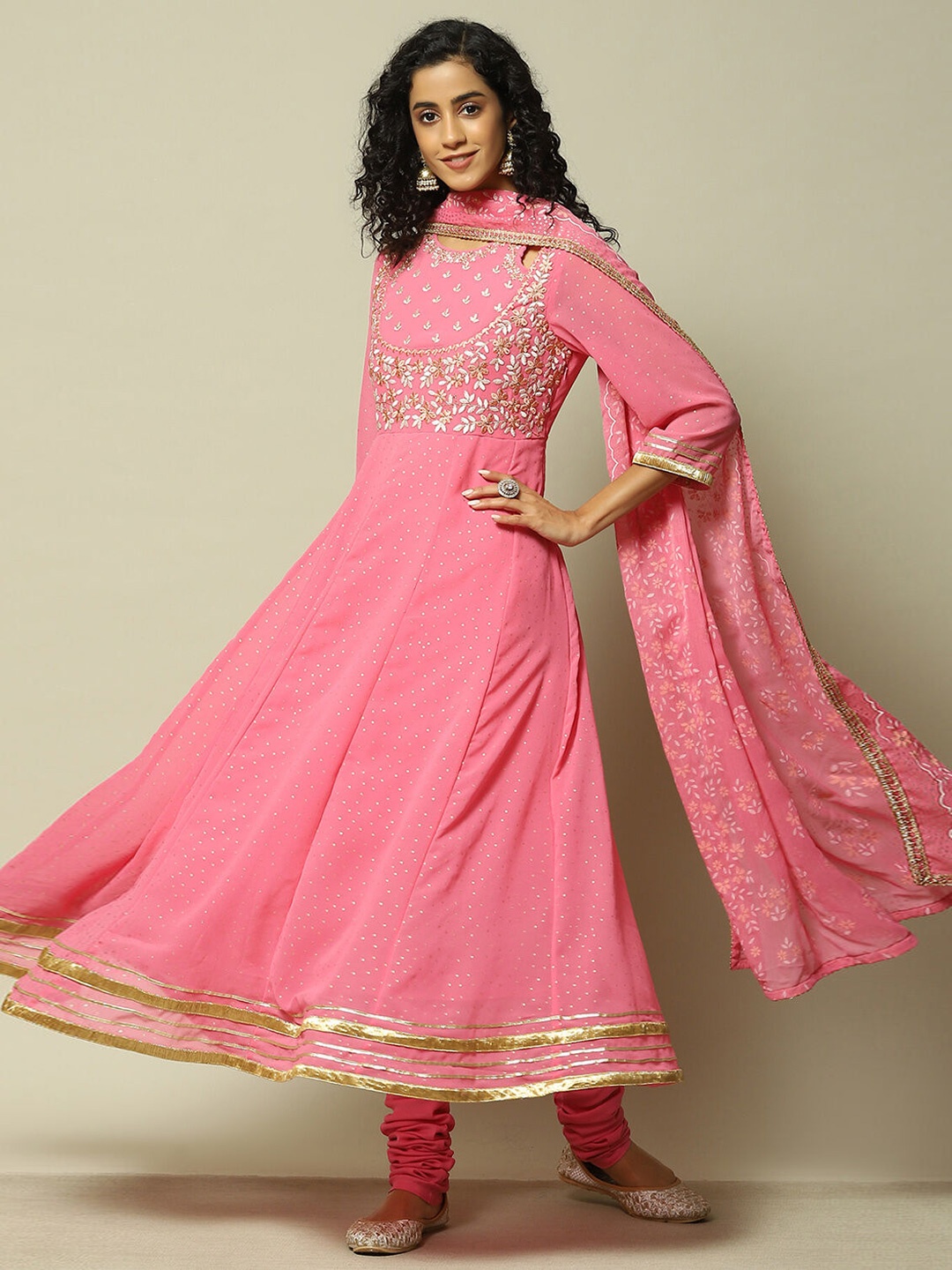 

Rangriti Women Embroidered Angrakha Thread Work Kurta with Trousers & With Dupatta, Pink