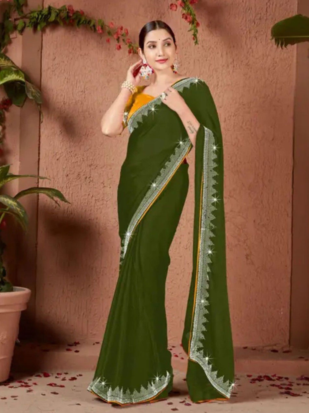 

Zeekha Beads and Stones Pure Georgette Heavy Work Kanjeevaram Saree, Green