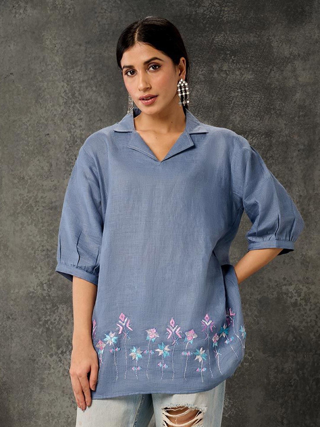 

Phulkari Forever Print Mandarin Collar Linen Top, Blue