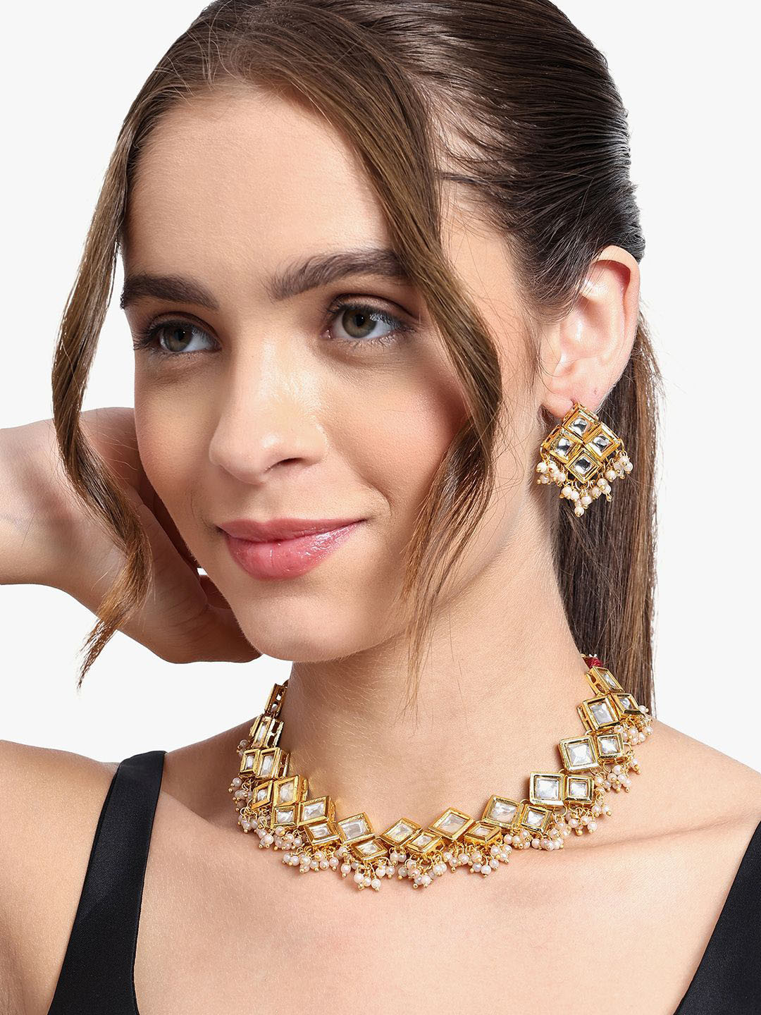 

AARSEE OFFICIAL Gold-Plated Kundan Studded & Pearls Geometric Shaped Drop Earrings