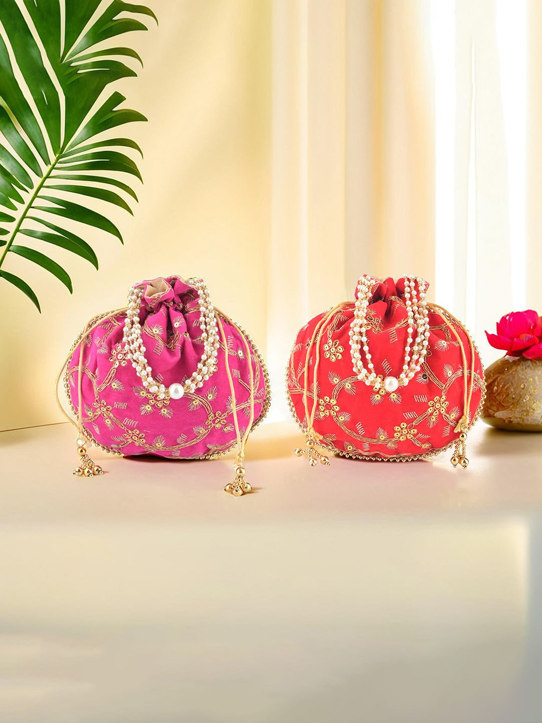 

Kuber Industries 2 Pcs Polyester Potli Bags for Women Embroidered Potli Clutch, Pink