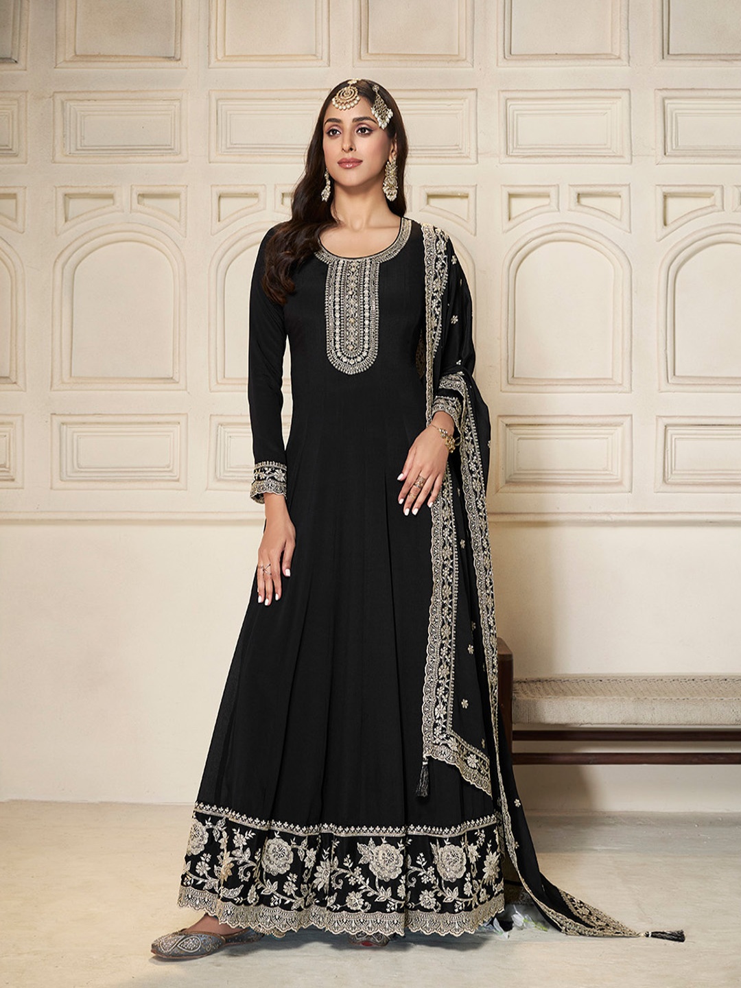 

Seerat Embroidered Sequined Fit and Flare Silk Ethnic Dresses With Dupatta, Black