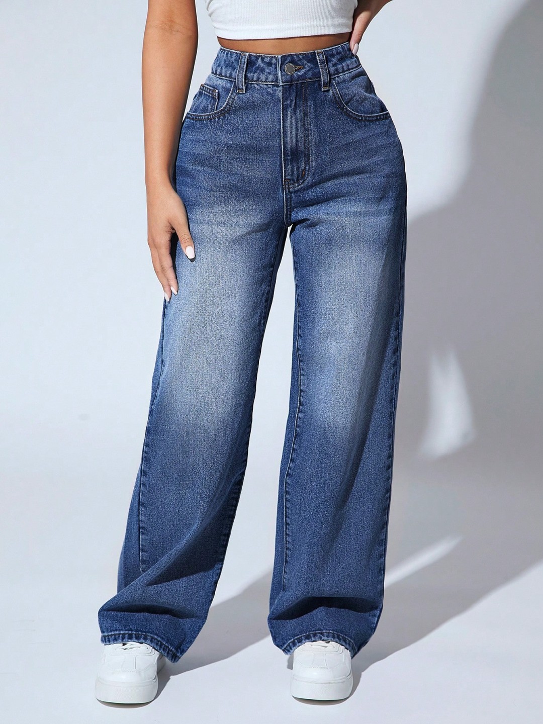 

NU CLOTHS Women Jean Wide Leg High-Rise Heavy Fade Stretchable Jeans, Blue