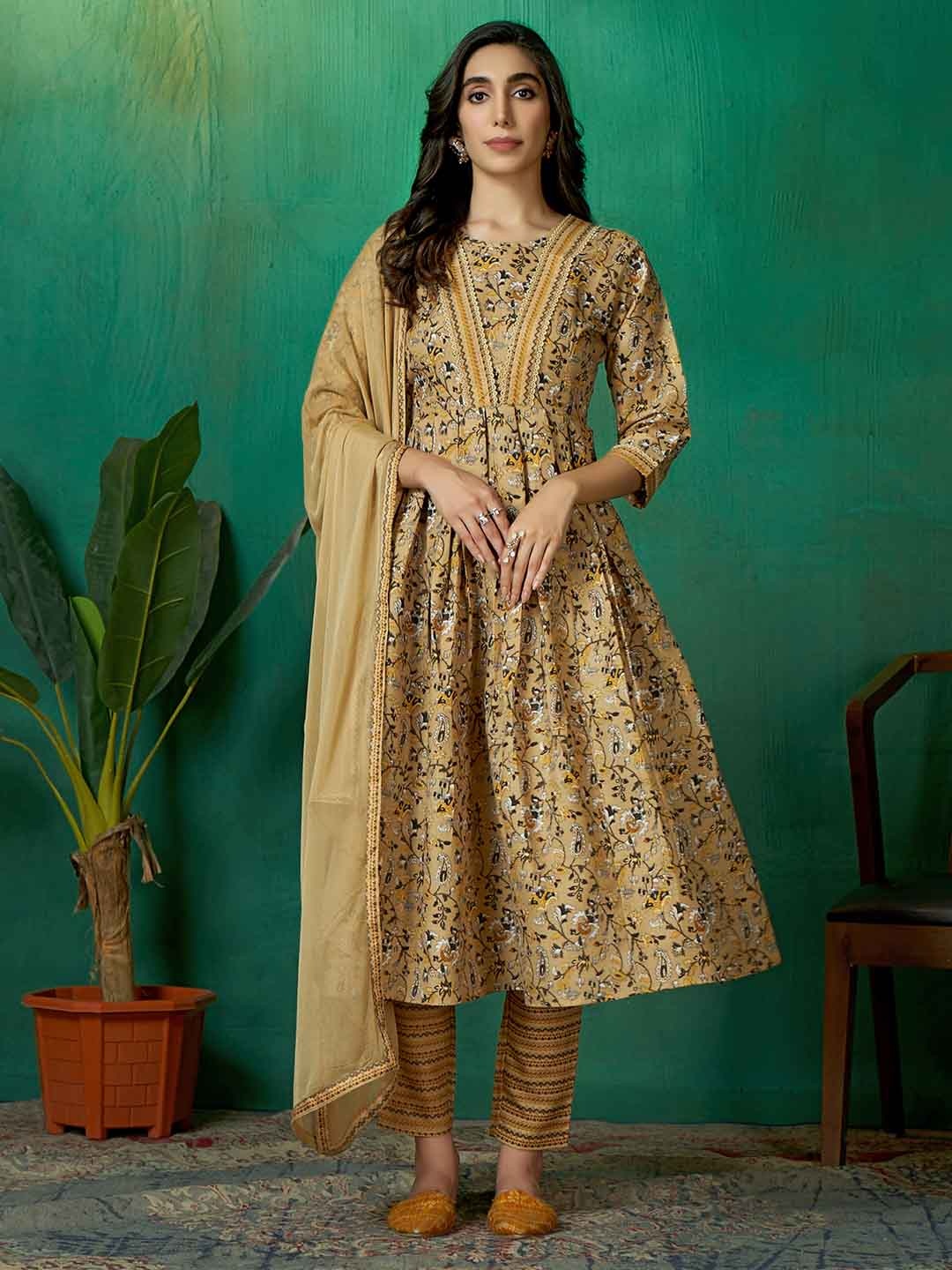 

Women Pure Cotton Printed Anarkali Kurta With Trousers & Dupatta Set, Mustard