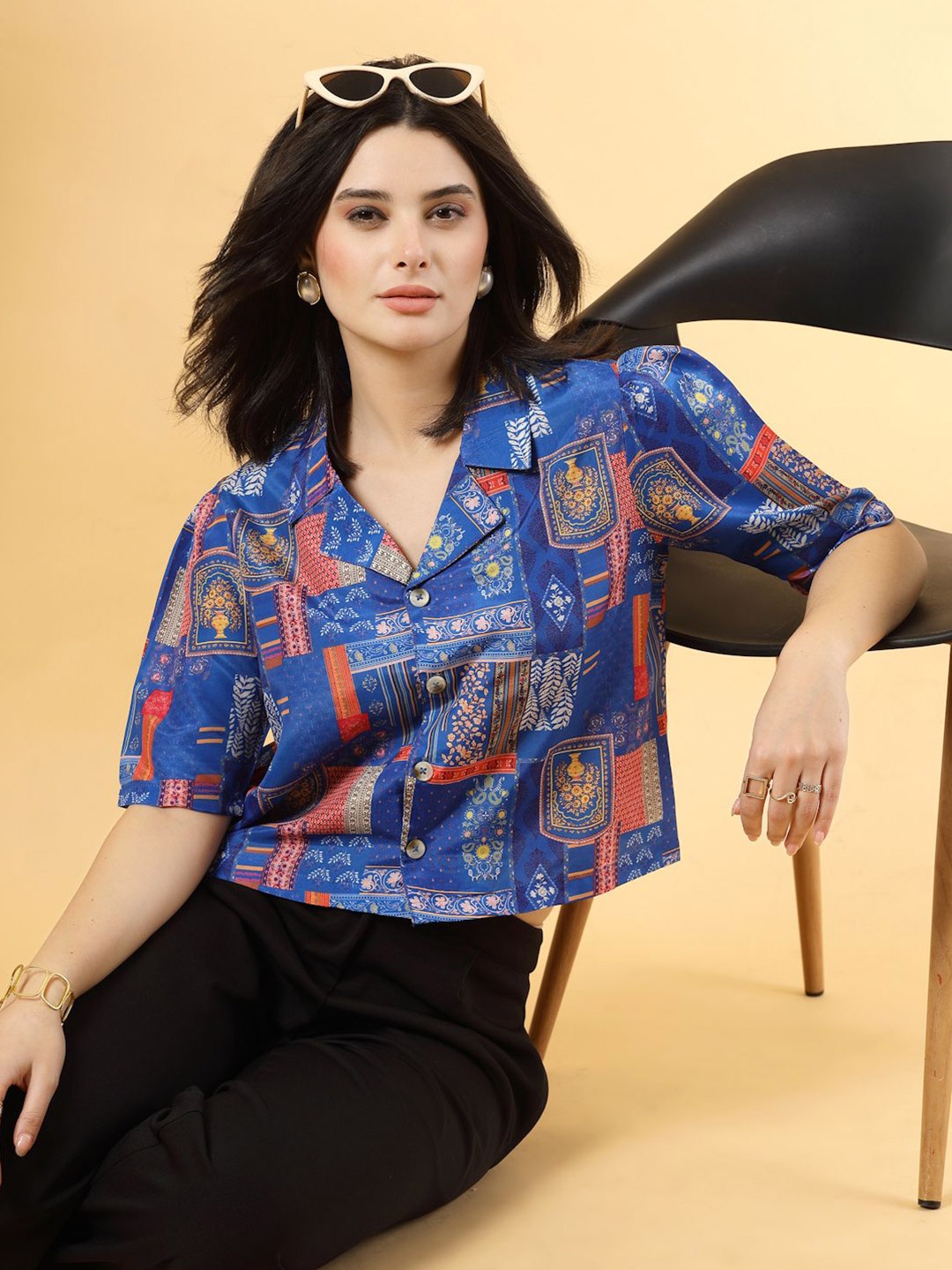 

RAASSIO Print Puff Sleeve Crepe Shirt Style Top, Blue