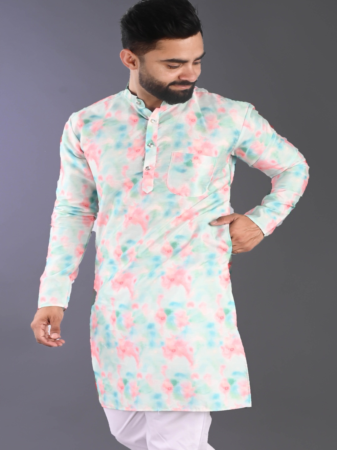 

PulseIQ Abstract Printed Cotton Mandarin Collar Straight Kurta, Sea green