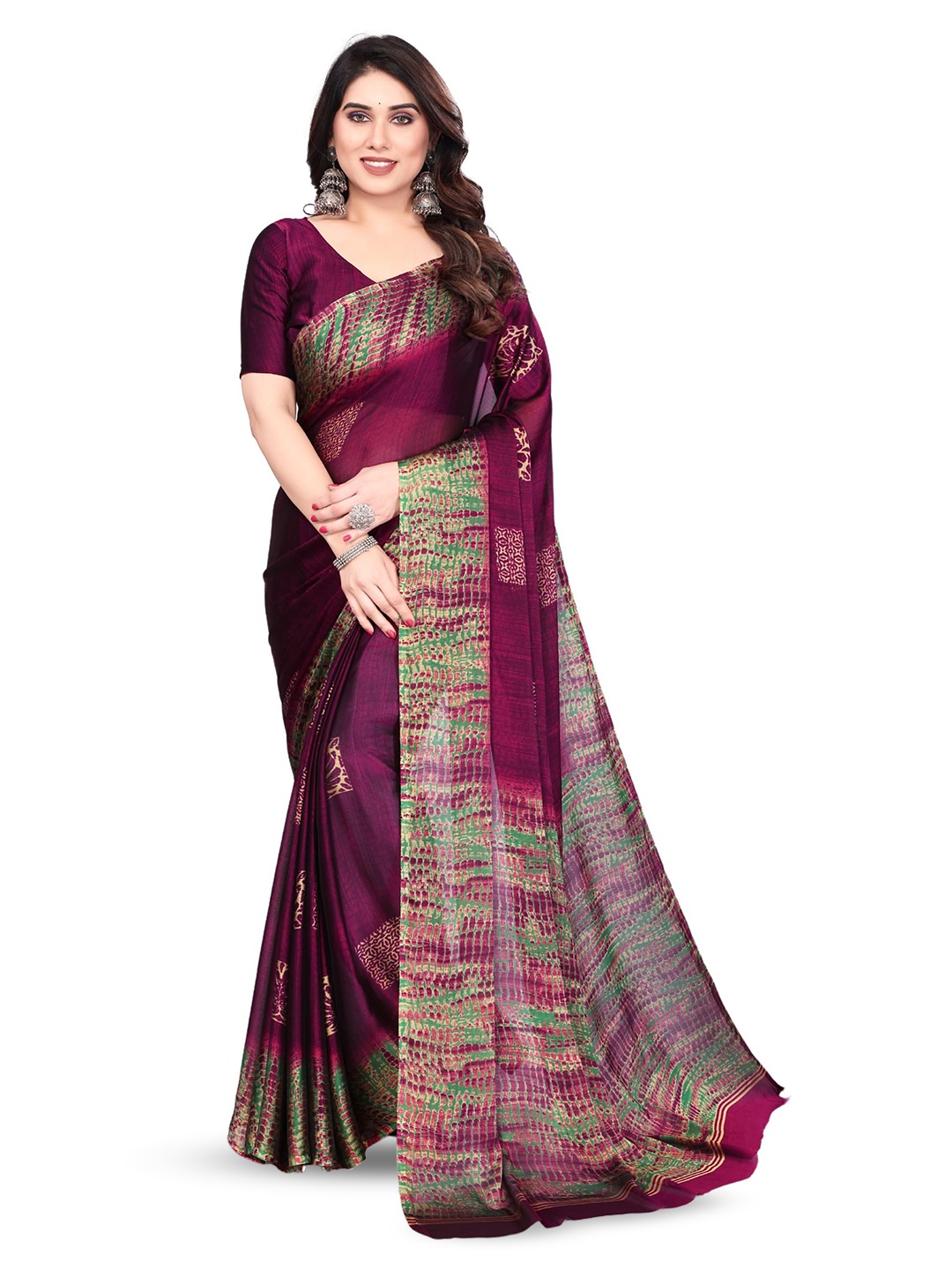 

MAGNEITTA Floral Pure Chiffon Fusion Saree, Purple