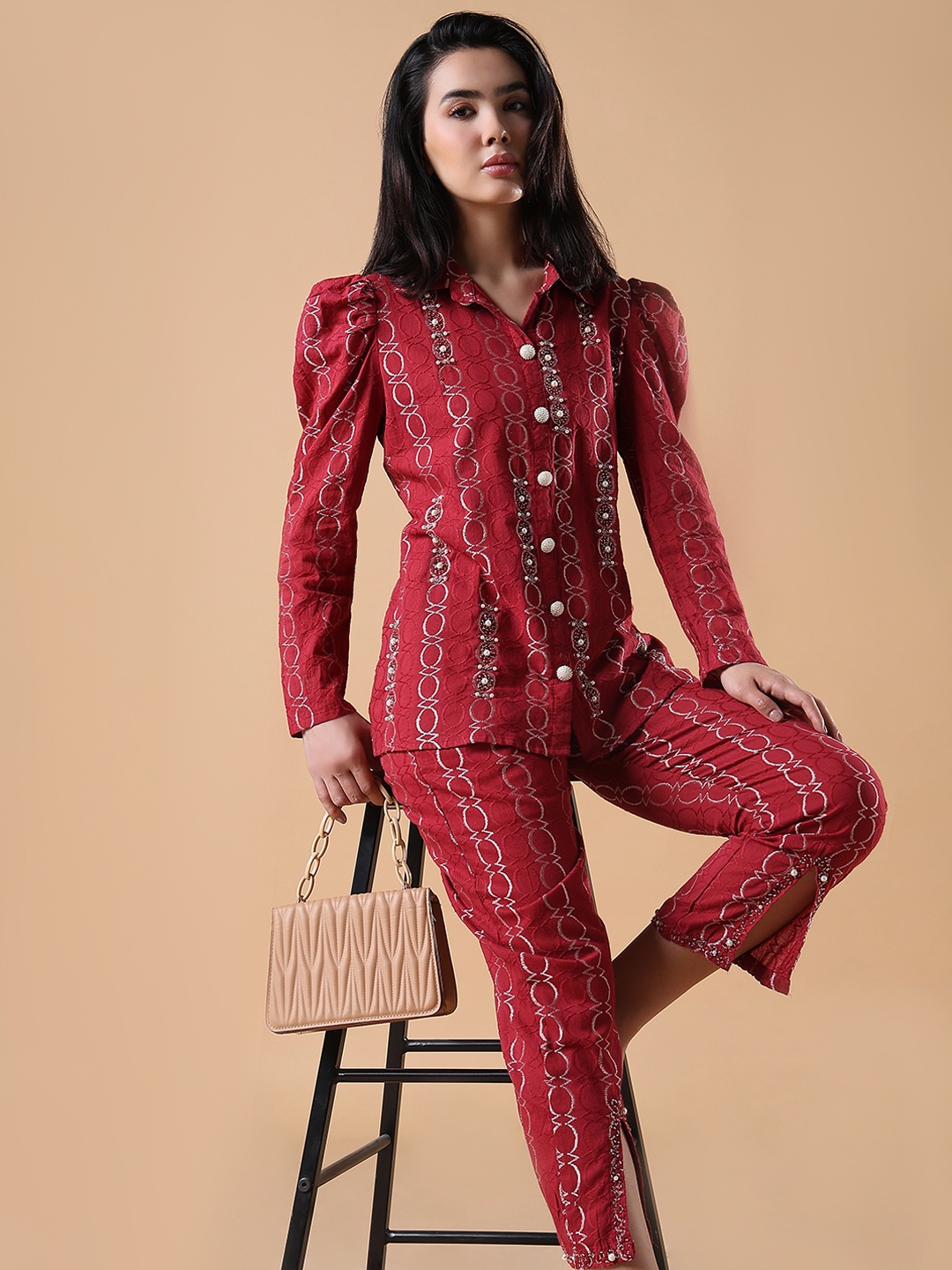 

SHOWOFF Embroidered Shirt With Trousers, Red